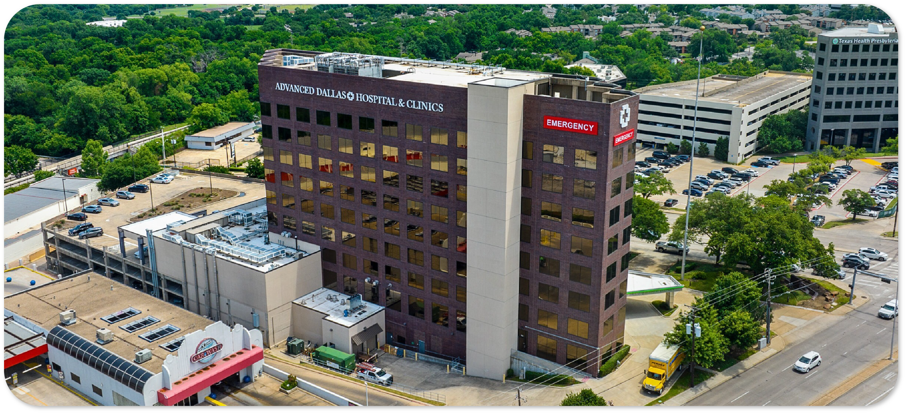 Advanced Dallas **Hospital & Clinics** exterior showing modern medical facility
